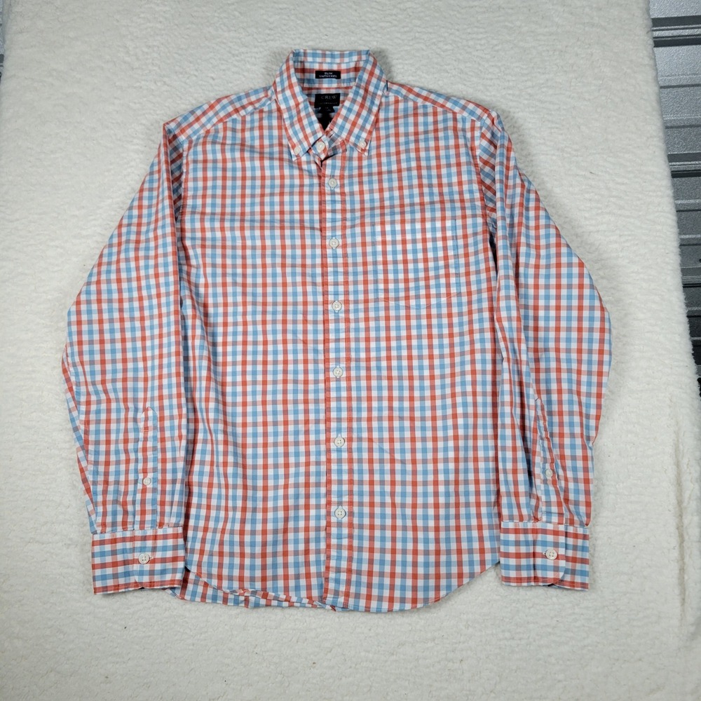 J.Crew Performance Shirt Mens M Orange Blue Gingham Slim Untucked Long Sleeve - Picture 1 of 12